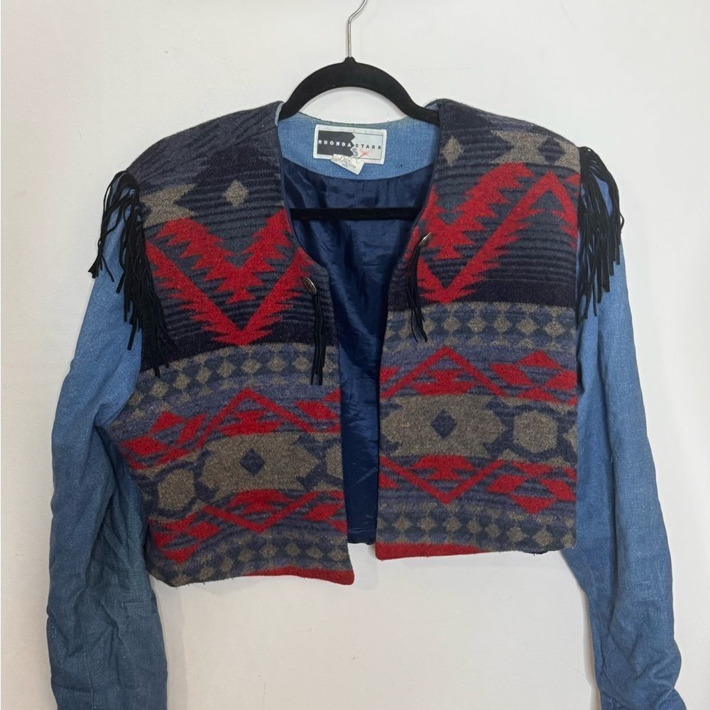 Vintage Rhonda Stark Southwestern Wool Blend and Denim Jacket With Fringe Large